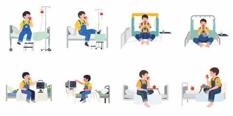 Fototapeta premium Set of illustrations showing a young boy patient eating a healthy apple while resting in various hospital bed settings