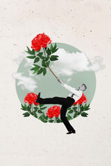 Naklejka premium Sketch image artwork pop trend collage of happy dandy man hold peony flower bloom spring summer walk park clouds concept