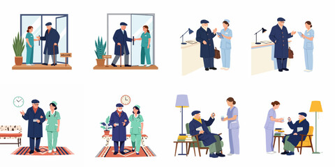 Fototapeta premium Set of flat vector illustrations depicting a nurse providing professional care, support, and medical assistance to an elderly man in various scenarios.