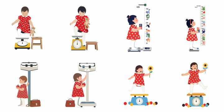 Set of flat illustrations showing a young girl in a red dress during a pediatric checkup, being weighed and measured for growth tracking.