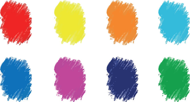 Eight vibrant, messy paint splashes in primary and secondary colors arranged in two rows.