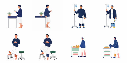 Fototapeta premium Flat vector illustrations of a male patient during various stages of a medical checkup and hospital stay for healthcare concepts.