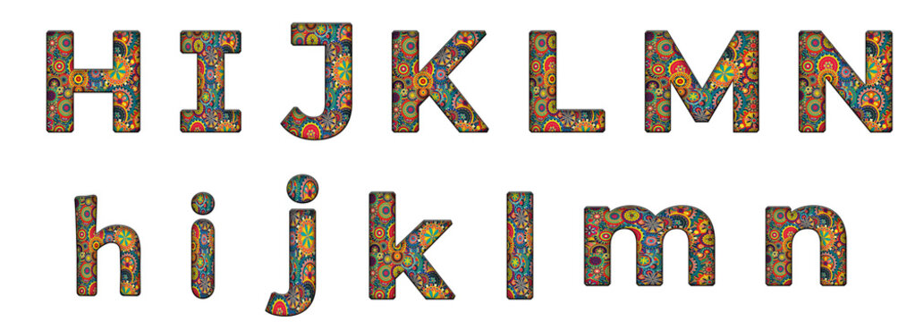 Boho pattern aztec floral arfican h, i, j, k, l, m, n word design text alphabet letter typography font design