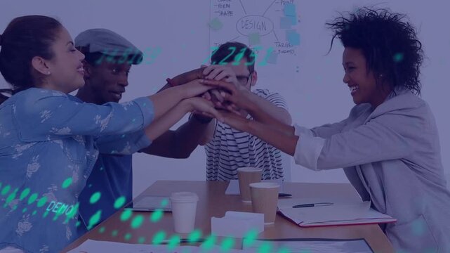 Animation of colourful puzzle pieces over business colleagues using tablets