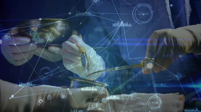 Animation of network of connections over caucasian female consultant using computer