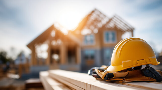 Close-up of a bright residential construction site with blurred framing and building materials creating an abstract pattern of wood tones and blue sky, a hard hat and a tool belt v