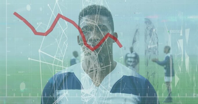 Animation of data processing over fit man running at the gym