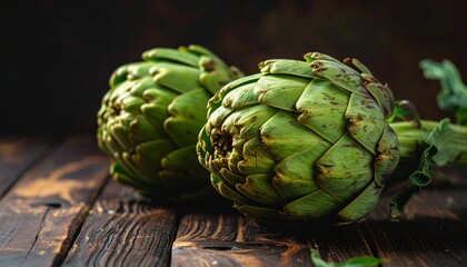Fototapeta premium Fresh artichokes on dark wood surface in rustic setting for healthy lifestyle concepts and still life compositions.