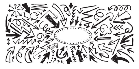 Fototapeta premium Crayon drawn scribble doodle arrow set. Border marker arrows with empty place. Elements brush stroke curly