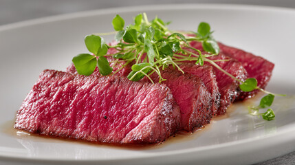Fototapeta premium Perfectly sliced medium-rare steak garnished with fresh microgreens.