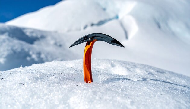 Ice Axe Stuck in Snow on a Mountain Summit in Winter Blue Sky in the Background Symbolizing Achievement.
