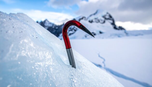 Ice Axe Thrust into Glacial Ice with Mountain Backdrop Depicting Adventure and Exploration.