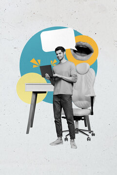 Sketch image 3d pop banner collage of happy freelancer man surf laptop mouth talk bubble workplace table chair chatterbox
