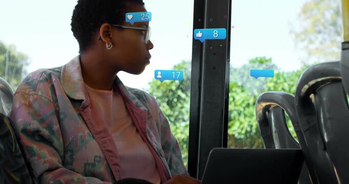 Speech bubble with increasing numbers against african american woman sitting in the bus