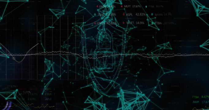 Security padlock shield icon over network of connections against stock market data processing