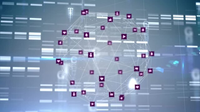 Globe of digital icons spinning over mosaic squares against blue background