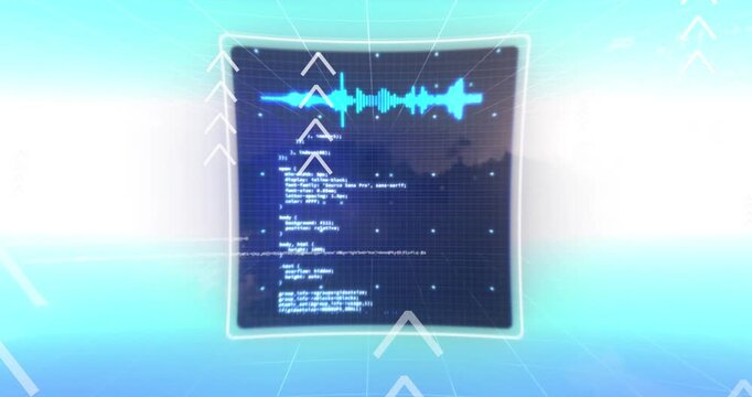 Animation of data processing on screens moving over light blue background