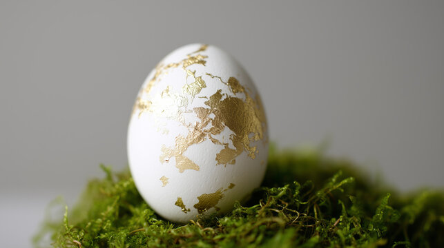 Extreme macro of a single white Easter egg with a minimalist gold leaf pattern, resting on a bed of fresh moss, Western Easter aesthetic, sharp focus on the gold glint and moss fib