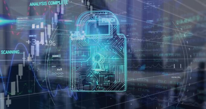 Animation of data processing and padlock over city