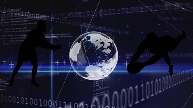 Animation of data processing with globe and rugby players over blue background