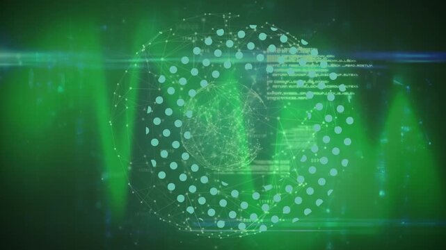 Animation of globe with connection and data processing on green background
