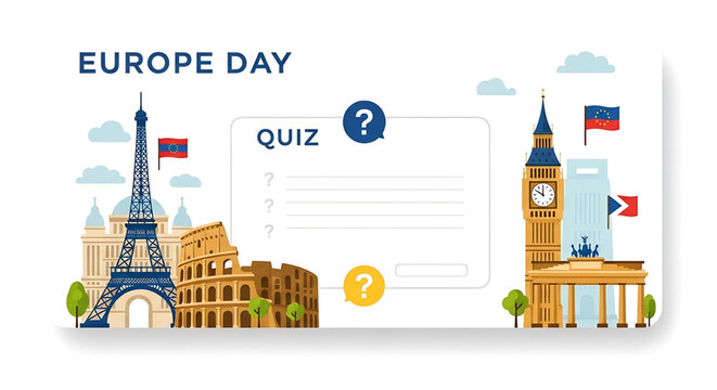 A colorful vector graphic illustration of famous European landmarks and a quiz template for Europe Day