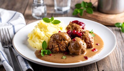 Fototapeta premium Swedish Meatballs with Mashed Potatoes and Lingonberry Jam Traditional Nordic Cuisine on Rustic Wood Background.