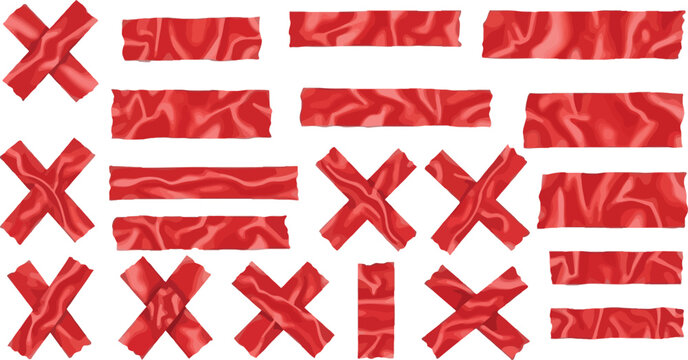 Assortment of bright red adhesive tape pieces showing crosses and horizontal strips on white.