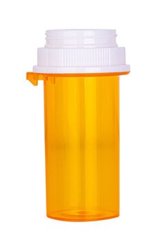 Empty prescription pill bottle isolated on white background