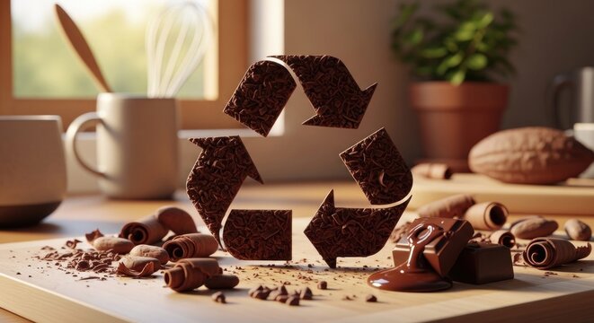 A chocolate bar with the recycling symbol on it, surrounded by chocolate chips and chocolate bars.