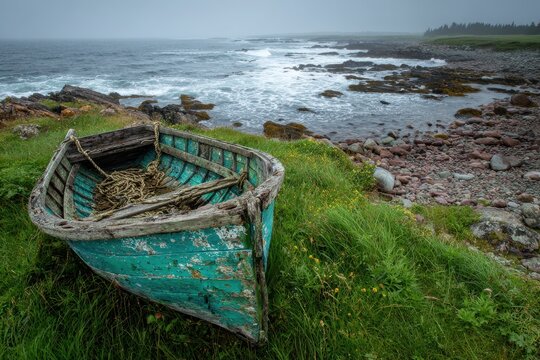 Weathered dory wreck on a grassy Cape Breton coast