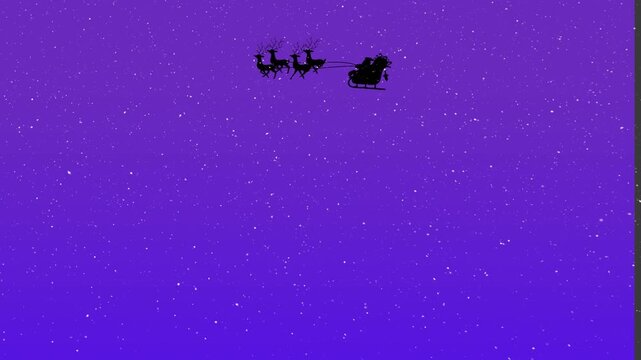 Animation of snow and santa claus in sleigh with reindeer on blue background at christmas