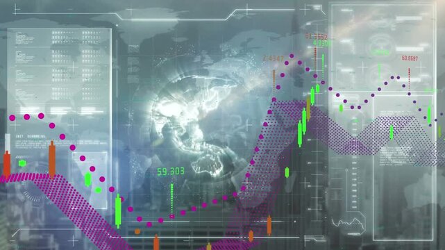 Animation of multicolored forming graph over infographic interface with rotating globe