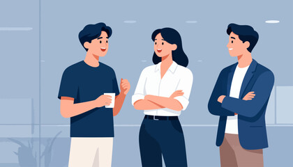 Fototapeta premium Three professionals chat in a modern office space. One holds a cup, smiling warmly at his colleague. Another listens with arms crossed, showing thoughtful interest