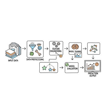 Step-by-Step Visualization of Machine Learning Development Lifecycle, Covering Data Ingestion, Preprocessing, Feature Engineering, Model Training, and Evaluation Phases for Robust AI Systems