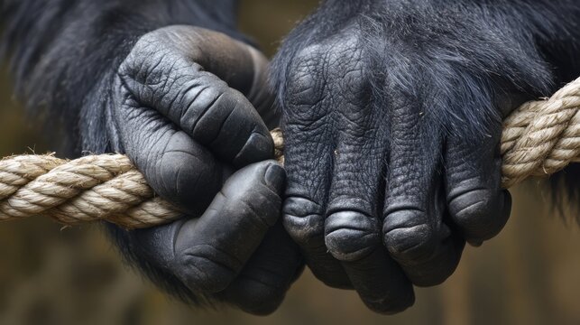 Gorilla Hands Gripping Rope with Detailed Texture
