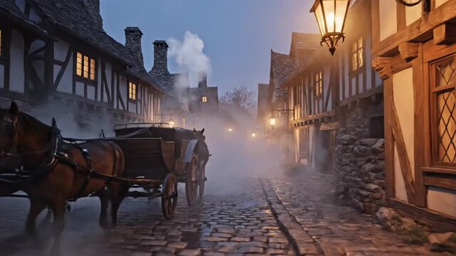 Foggy cobblestone street in a quaint medieval European village at dusk featuring traditional stone buildings and hazy atmospheric mist along a narrow empty historic alleyway.