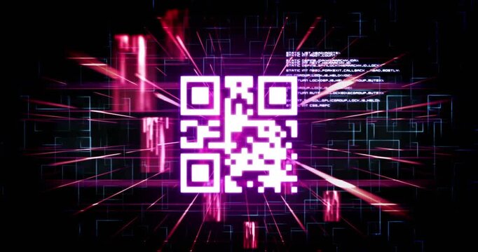 Animation of qr code in rhombus pattern and programming language over abstract background