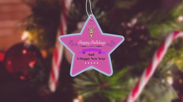 Animation of happy christmas and happy new year text banner hanging against decorated christmas tree