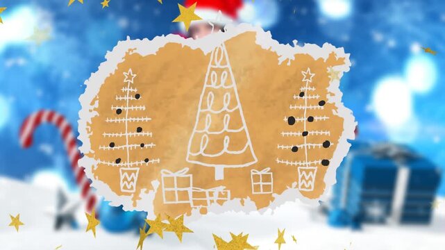 Animation of stars falling over winter landscape, christmas tree and presents