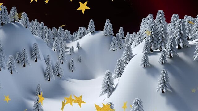Animation of stars falling over christmas trees in winter scenery