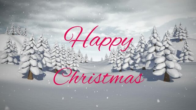 Digital animation elegantly displays snowfall on fir trees, showcasing nature's beauty.