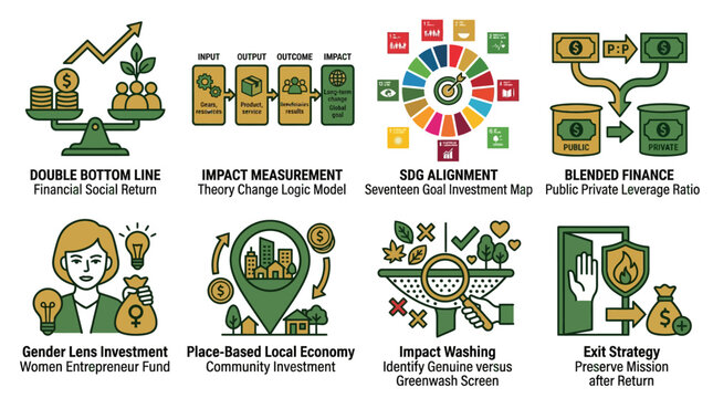 Social Impact Investment and ESG Sustainable Finance Infographic Icons