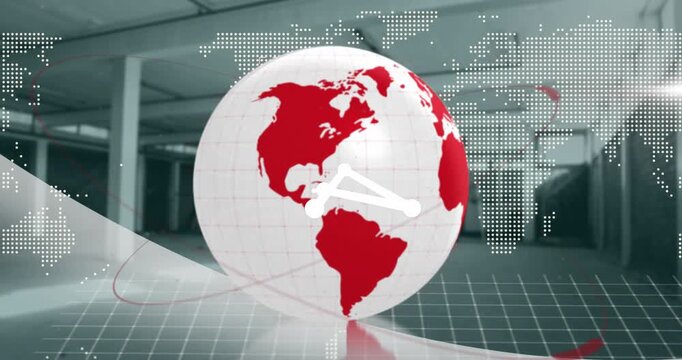 Animation of network of connections over spinning globe and world map against empty warehouse