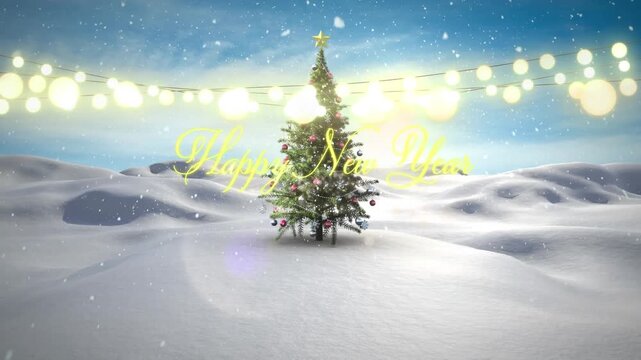 Animation of happy new year text with fairy lights over christmas tree and winter landscape