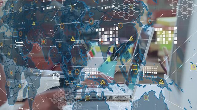 Animation of data processing and world map over mid section of woman using digital tablet at office