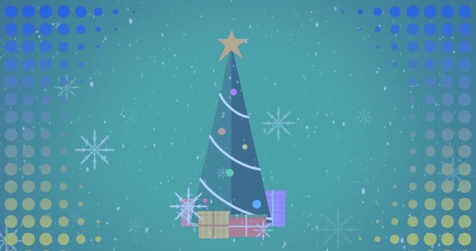 Animation of abstract shapes in seamless pattern against christmas tree and gift icons