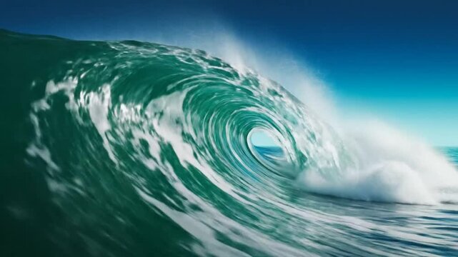 Epic ocean wave curling and breaking showcasing the power of nature and pristine water against a blue sky