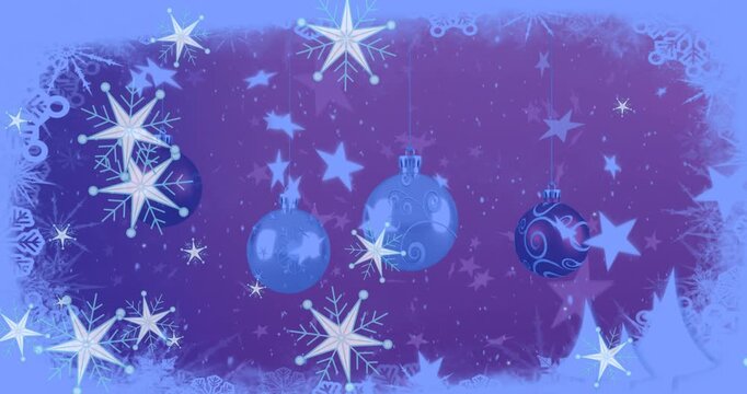 Animation of stars and snowflakes floating over hanging bauble decorations against red background