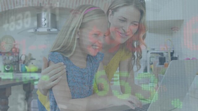 Animation of stock market data processing over caucasian mother and daughter using laptop at home